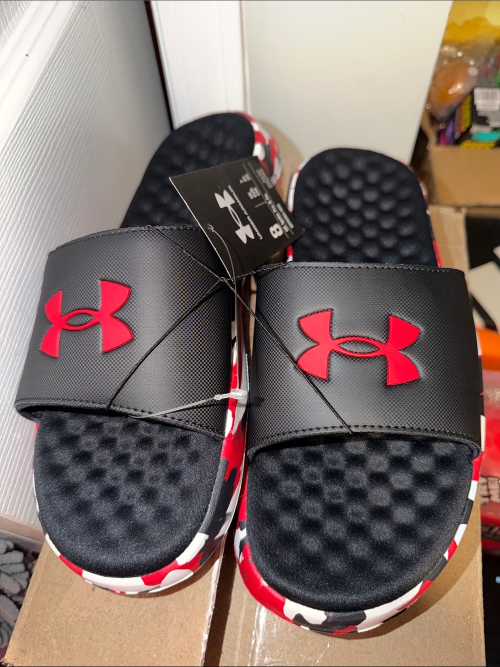 Under Armour Black Slide Sandals with Red Logo and Red/White Camo Trim